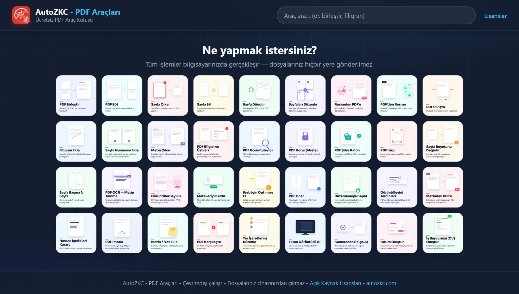 AutoZKC – PDF Araçları uygulamasının ana ekranı: arama kutusu ve 36 aracın kutucukları